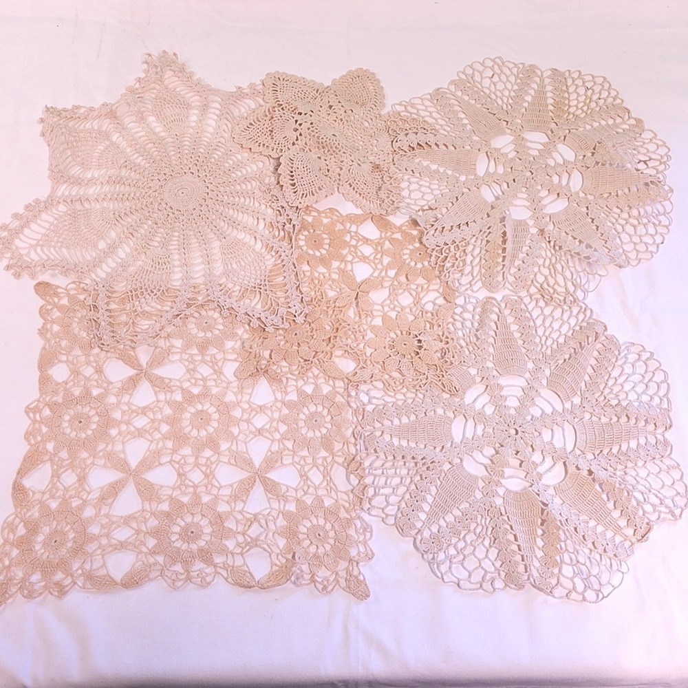 Vintage Crochet Doilies Beige Lace Lot of 5 Victorian Rustic Wedding Tea Party